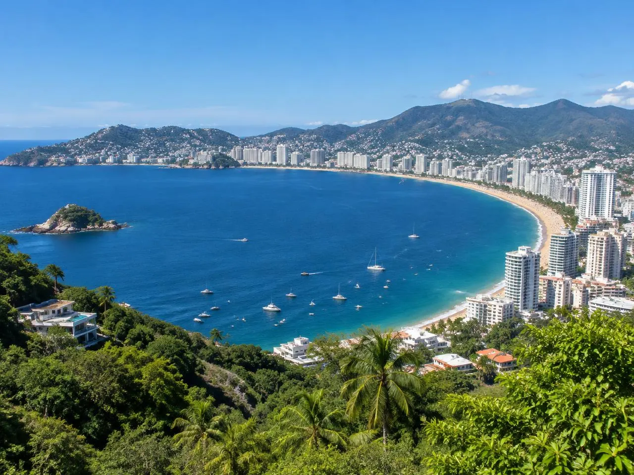 Panorámica de la bahía de Acapulco desde lo alto, de día