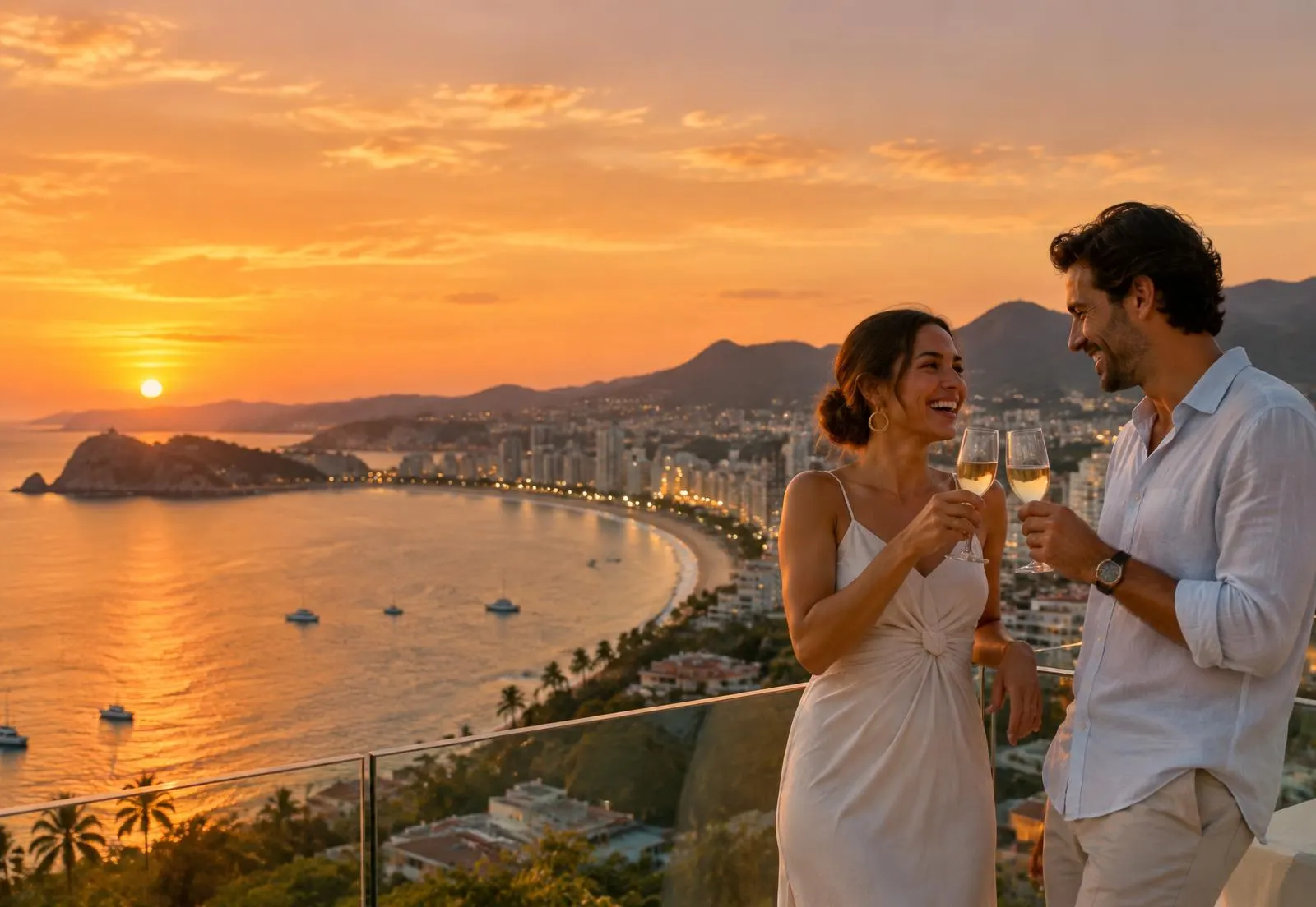 Pareja brindando en una terraza al atardecer frente a la bahía de Acapulco