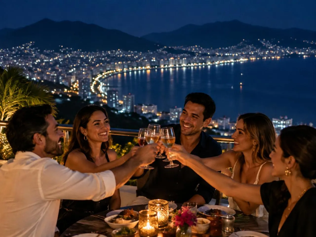 Amigos brindando en una terraza con la bahía iluminada de fondo