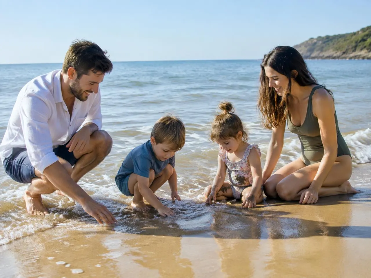 Familia jugando en la orilla de una playa de aguas tranquilas