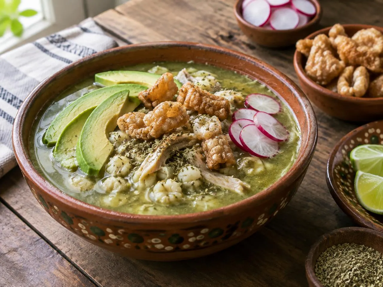 Pozole verde de Guerrero servido en una mesa de madera