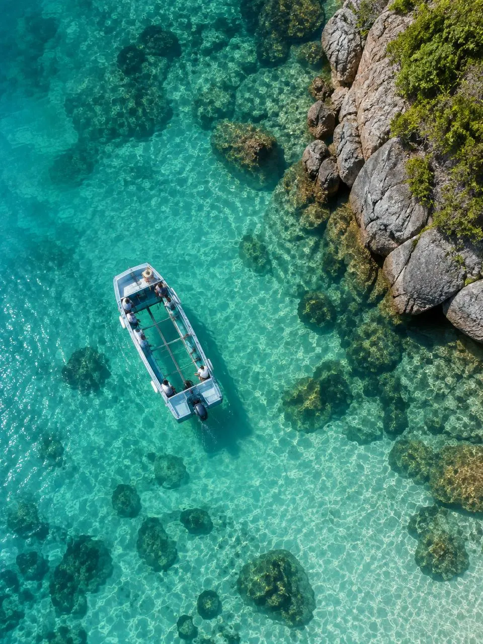 Vista cenital de una lancha con fondo de cristal en agua transparente