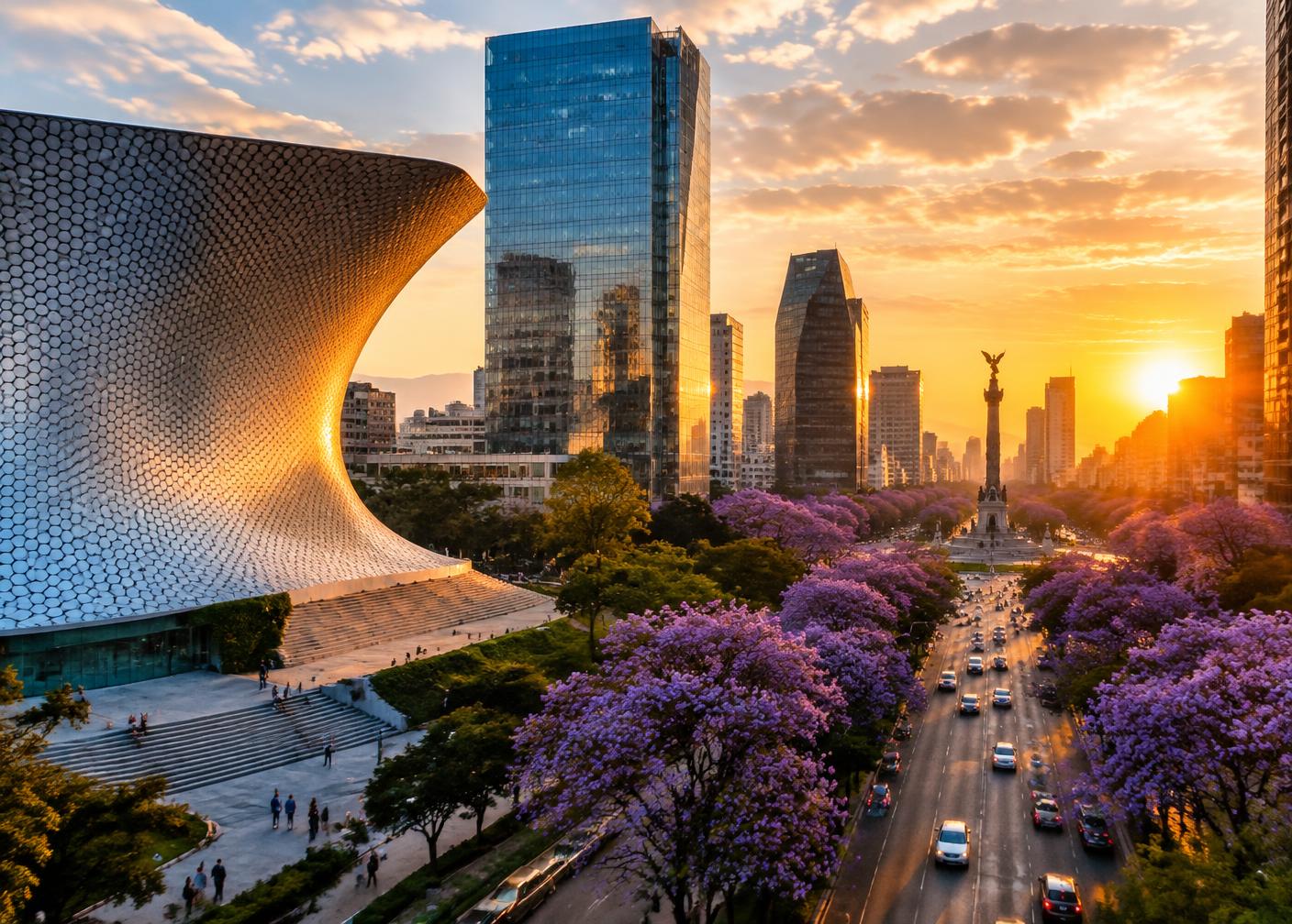 Ángel de la Independencia sobre Paseo de la Reforma al atardecer, con jacarandas en flor