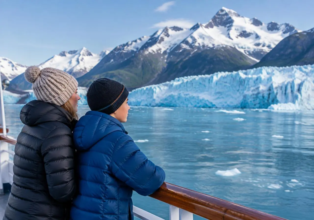 Madre e hijo observando un glaciar desde la cubierta