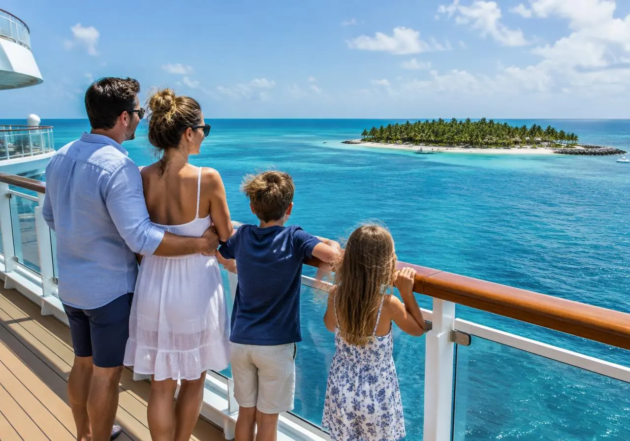 Familia en la cubierta mirando una isla caribeña