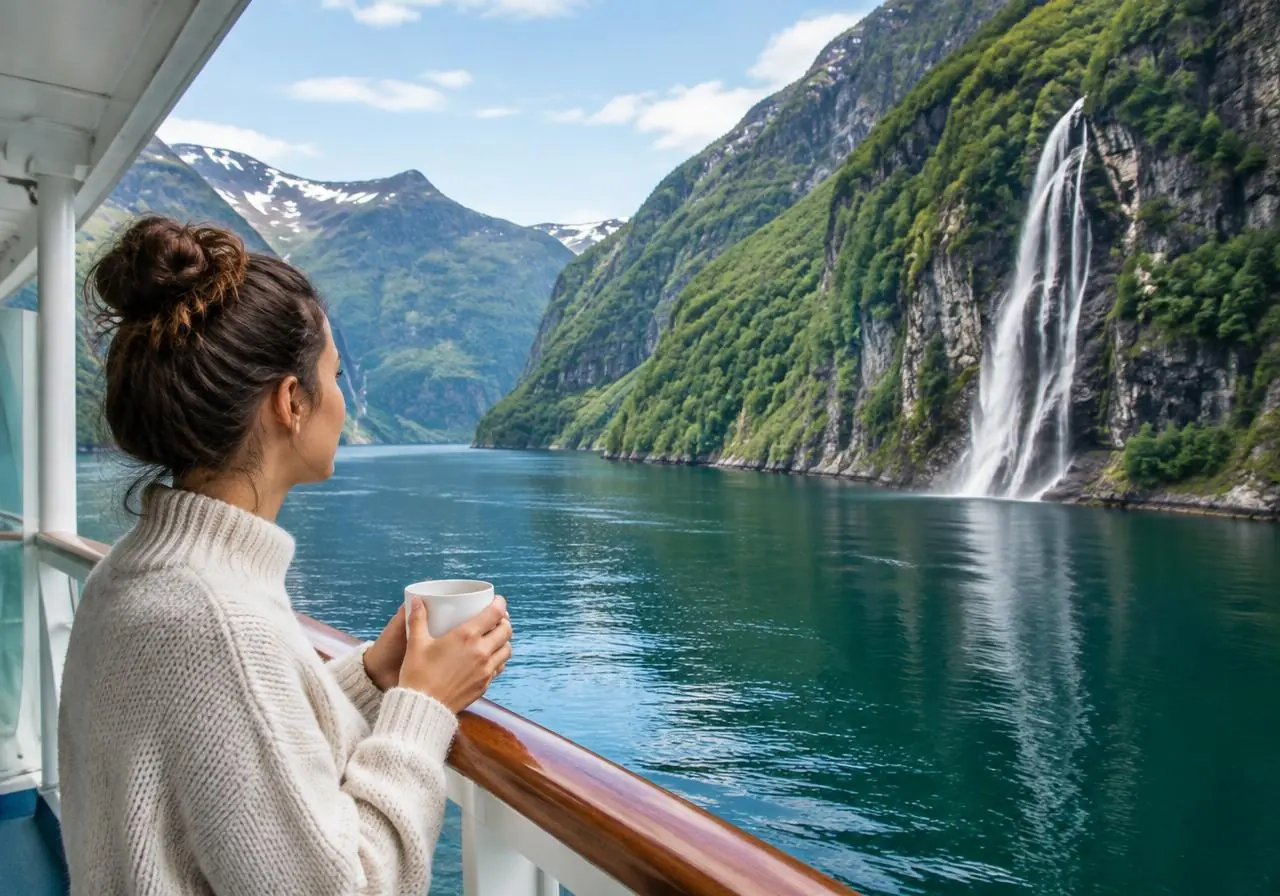 Viajera con café mirando un fiordo con cascada