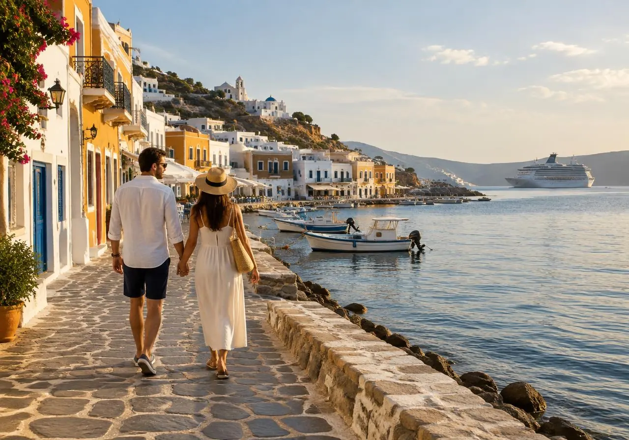 Pareja caminando por un malecón de pueblo mediterráneo