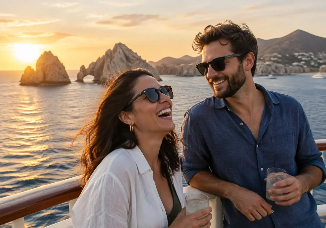 Pareja riendo en cubierta al atardecer frente a la costa del Pacífico