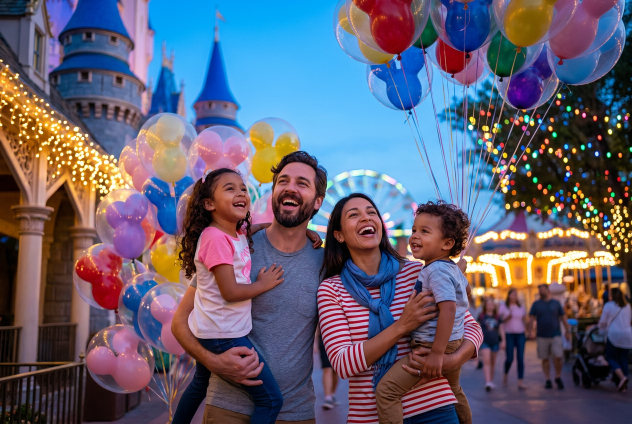 Familia celebrando entre globos y luces de un parque