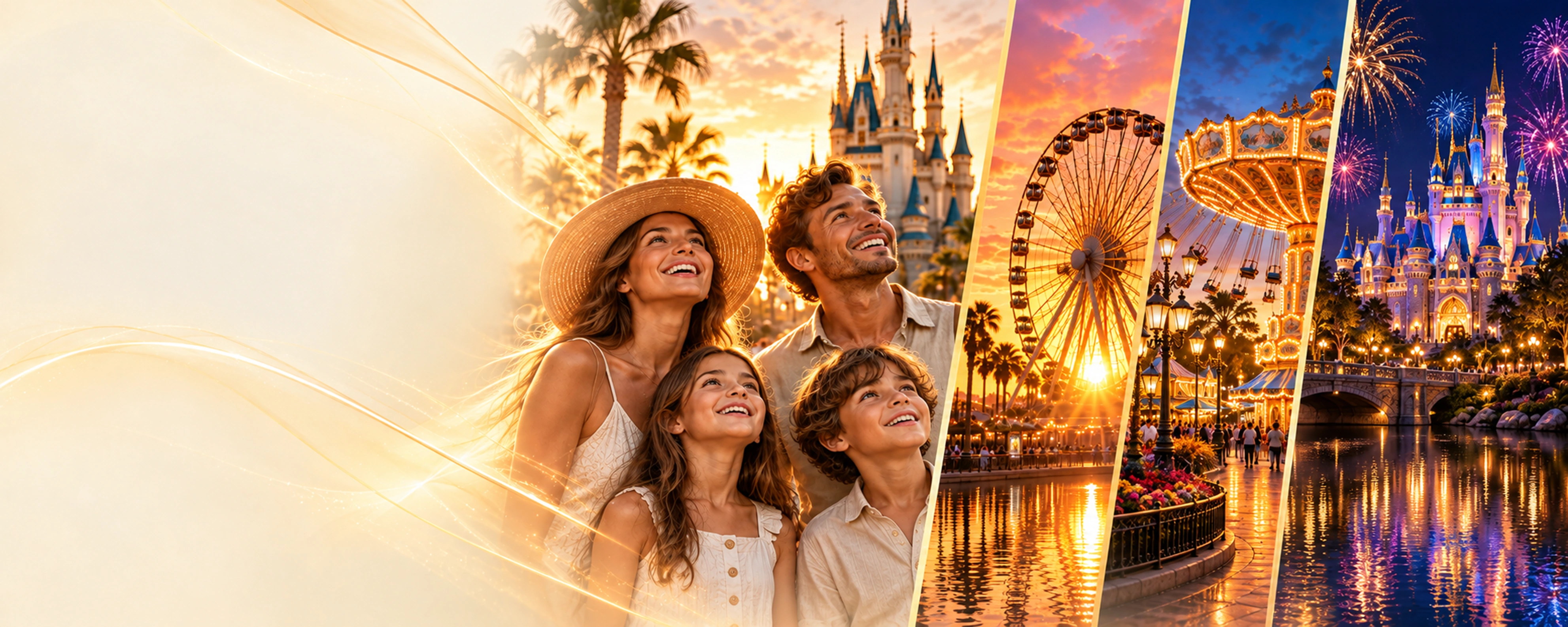 Familia de cuatro personas en un parque al atardecer, con rueda de la fortuna, atracciones iluminadas y castillo nocturno con fuegos artificiales