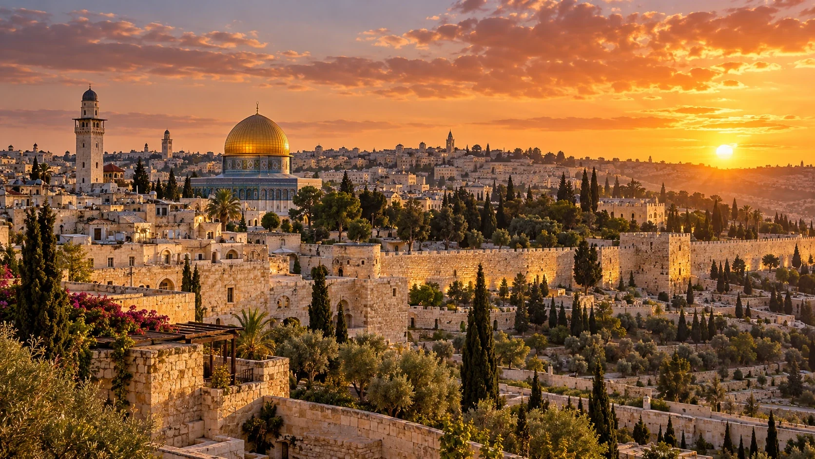 Jerusalén al atardecer: la Cúpula de la Roca y las murallas de piedra de la Ciudad Vieja