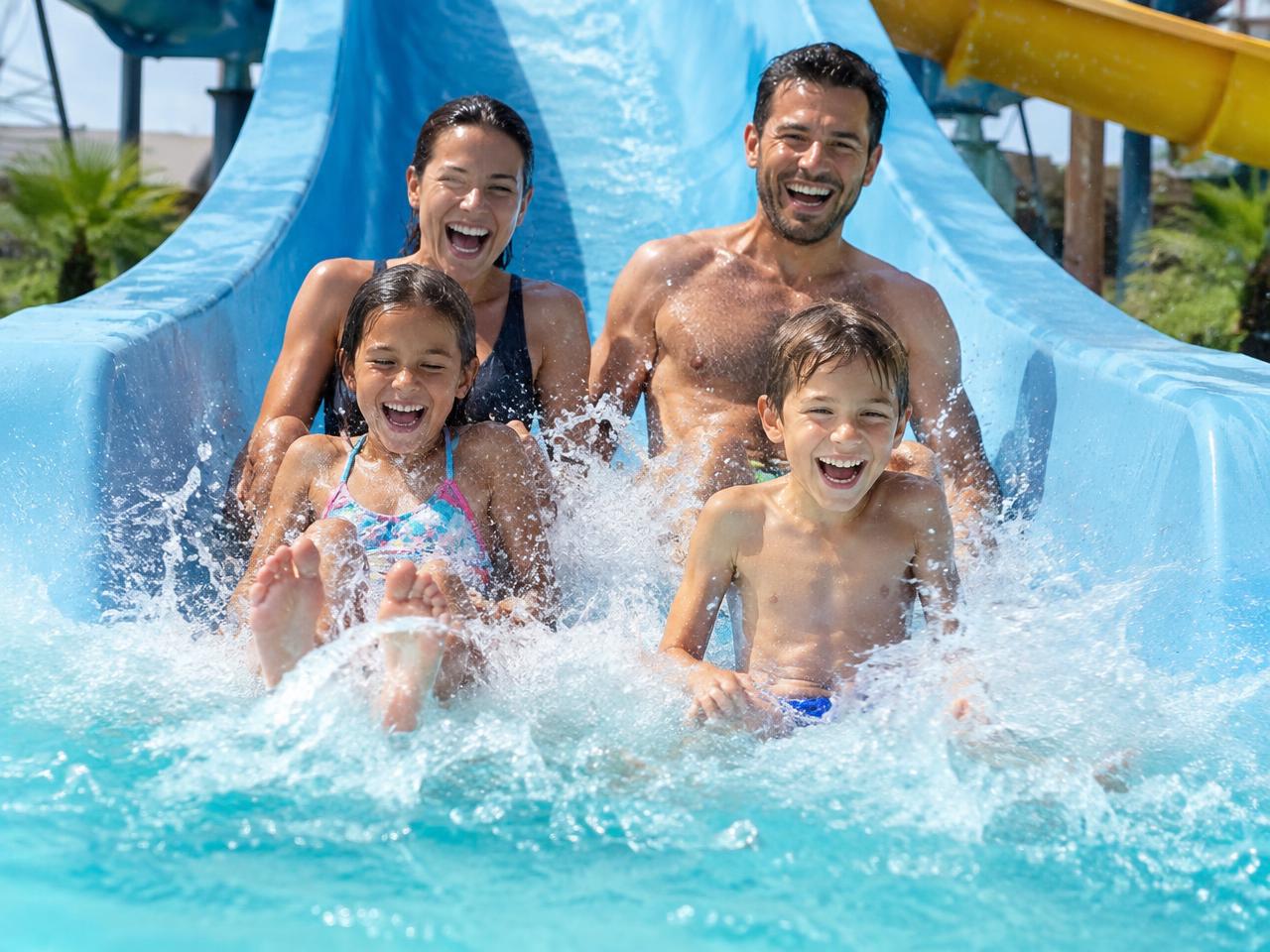Familia riendo al bajar por un tobogán de agua