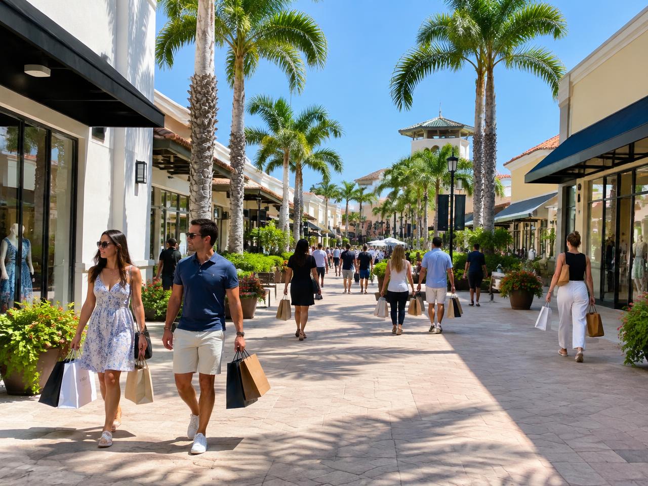 Paseo de tiendas al aire libre con palmeras y compradores