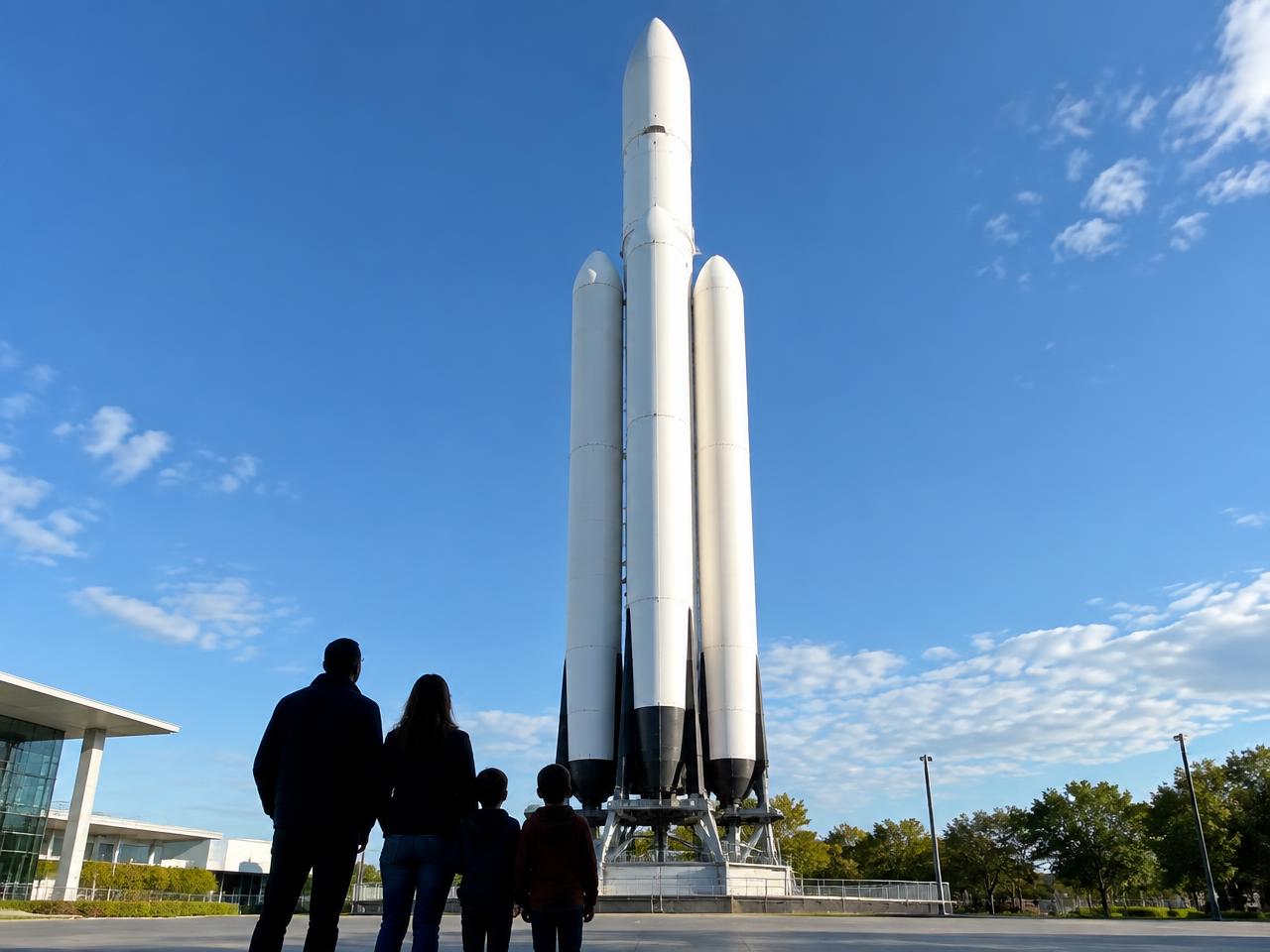 Familia observando un cohete en un centro espacial