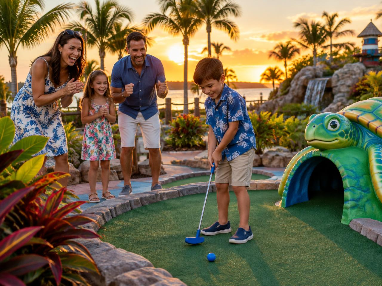 Familia con niños jugando minigolf temático al atardecer