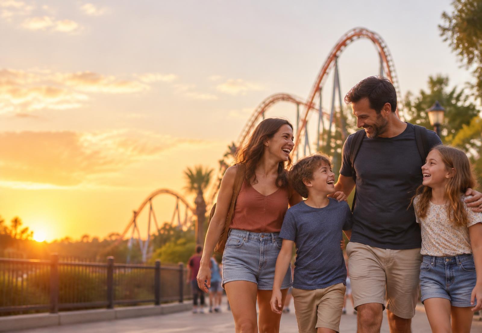 Familia paseando en un parque al atardecer