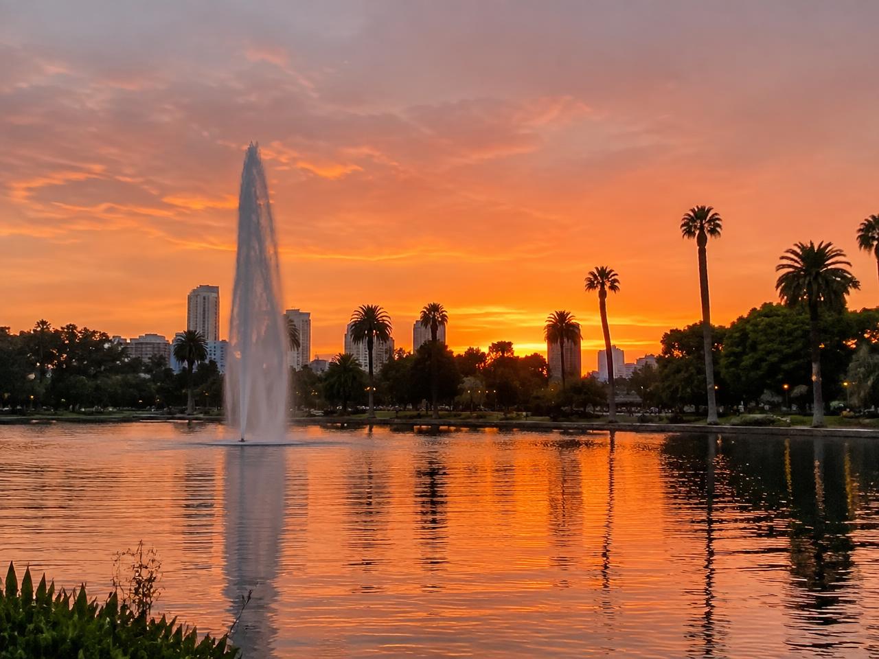 Lago urbano con fuente y palmeras al atardecer