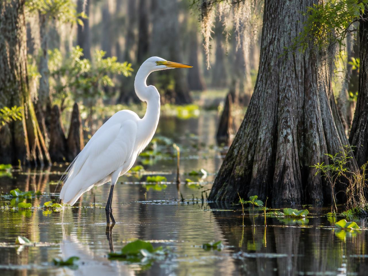 Garza blanca en un humedal de Florida entre cipreses