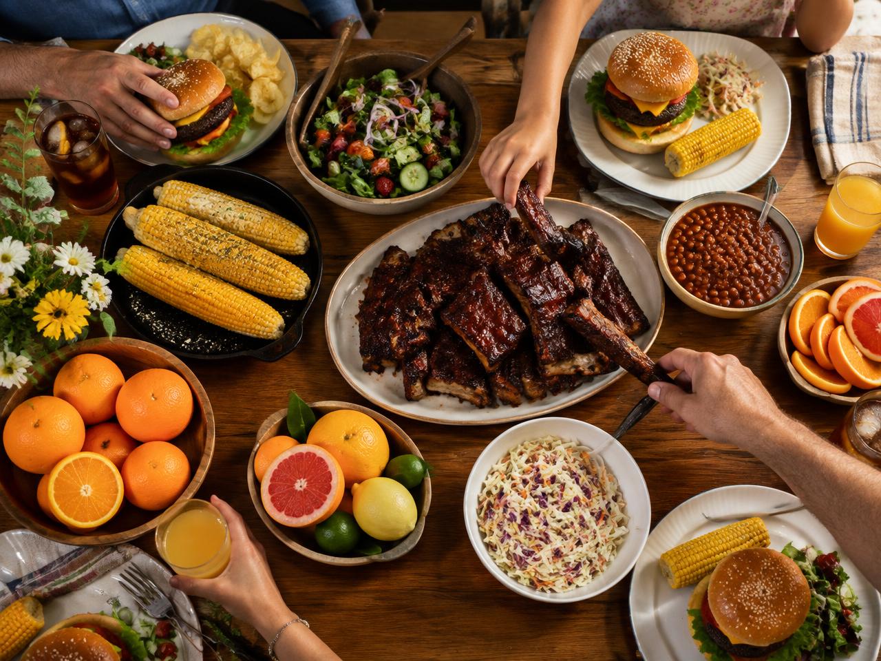Mesa familiar con comida americana y cítricos de Florida