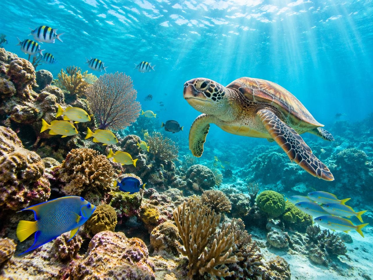 Tortuga marina nadando sobre un arrecife de coral del Caribe