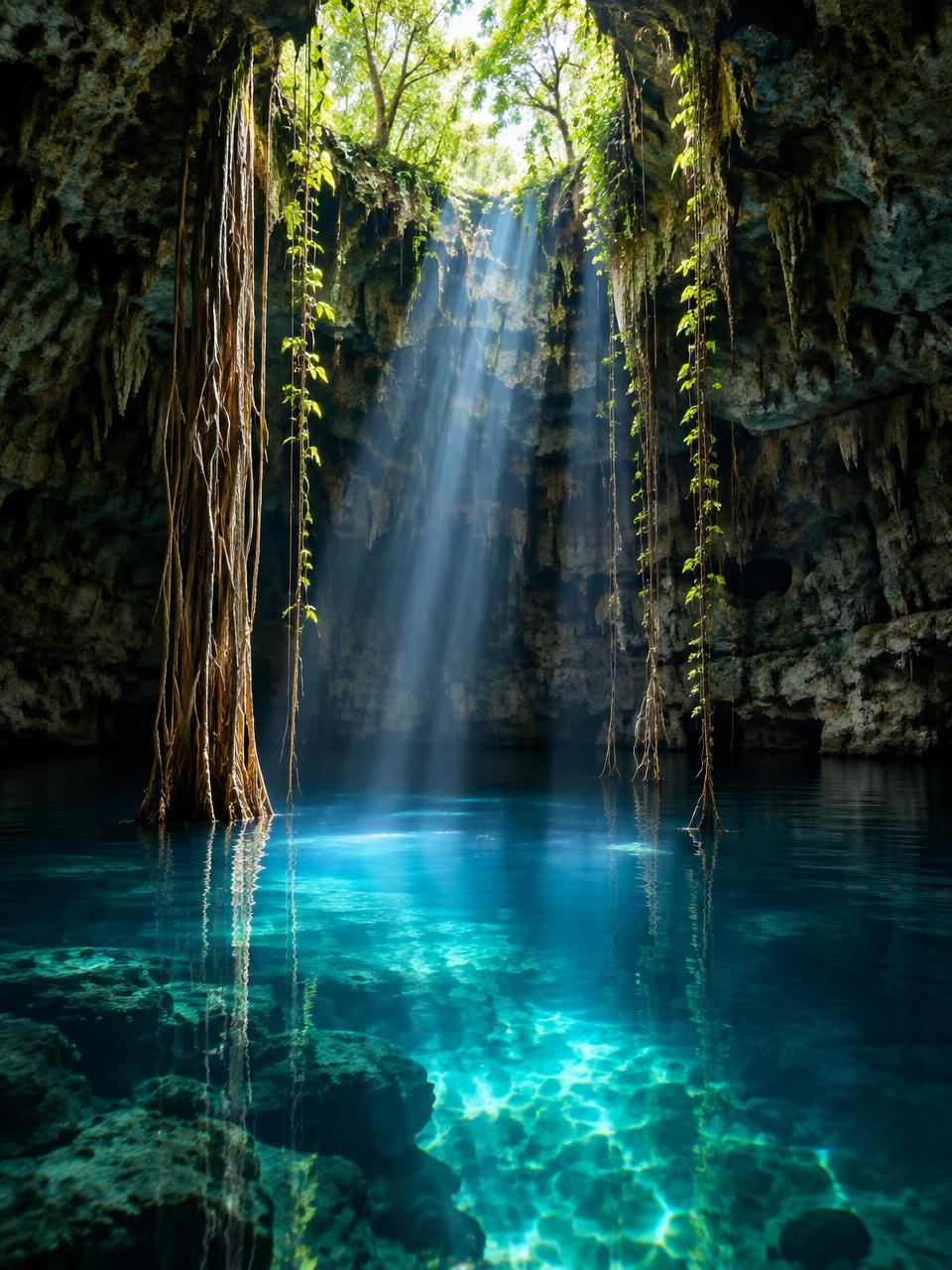 Rayos de luz dentro de un cenote con raíces colgantes