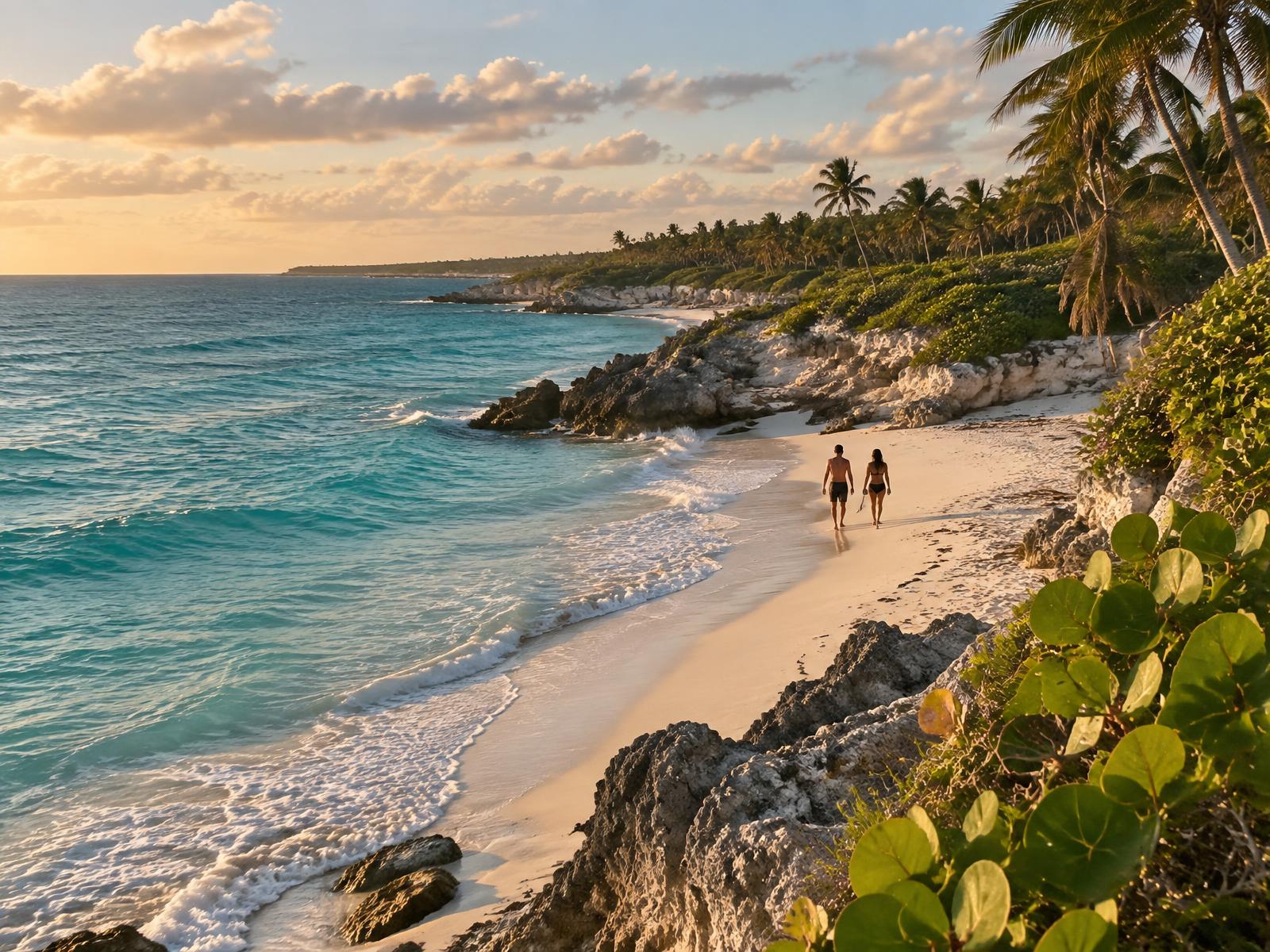Pareja caminando por una costa natural del Caribe mexicano al atardecer