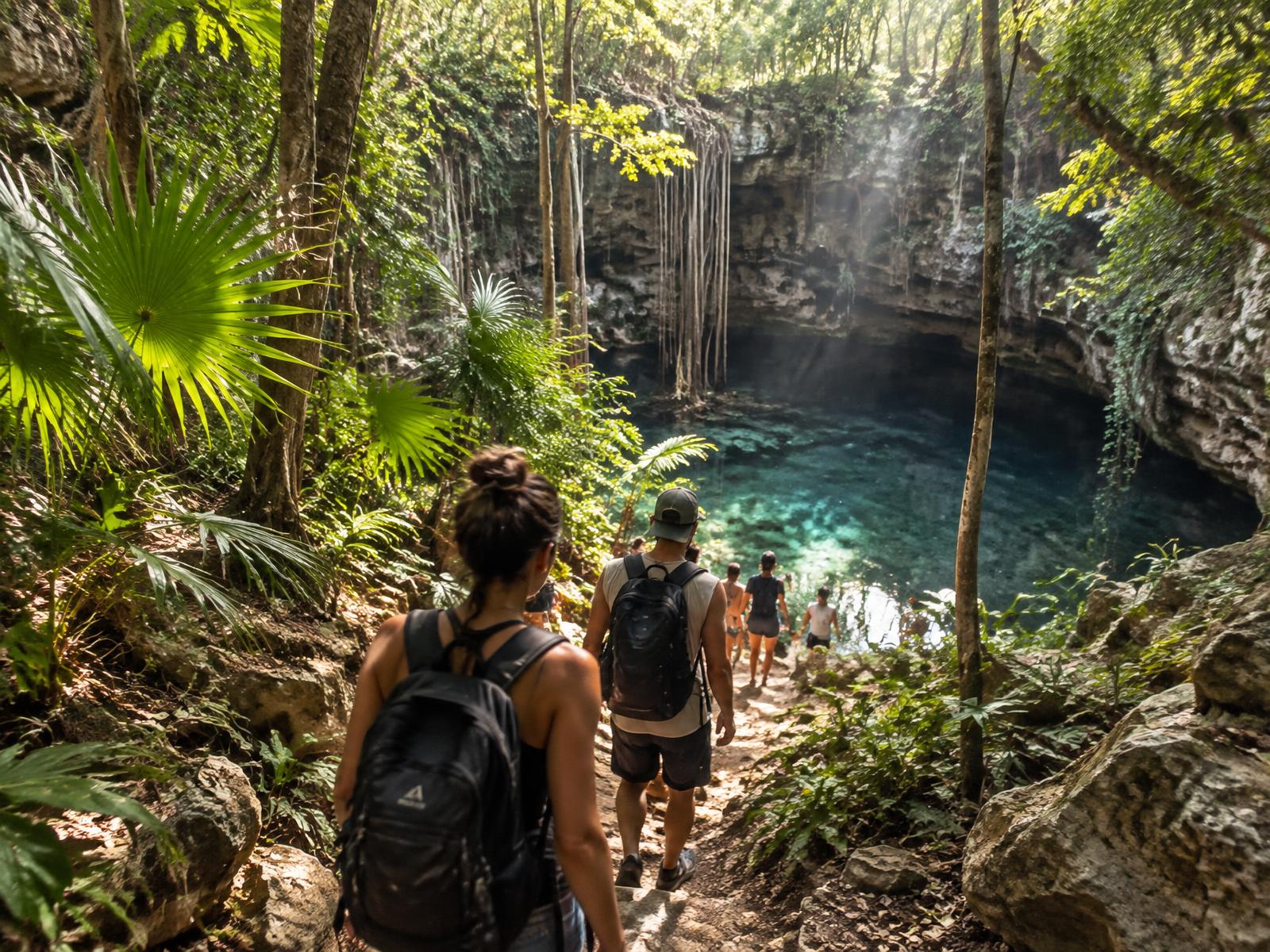 Viajeros caminando por la selva hacia un cenote de agua cristalina