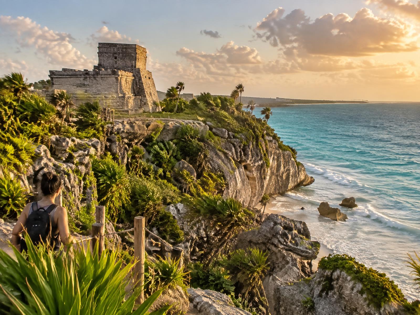 Viajera observando la zona arqueológica de Tulum sobre el mar Caribe