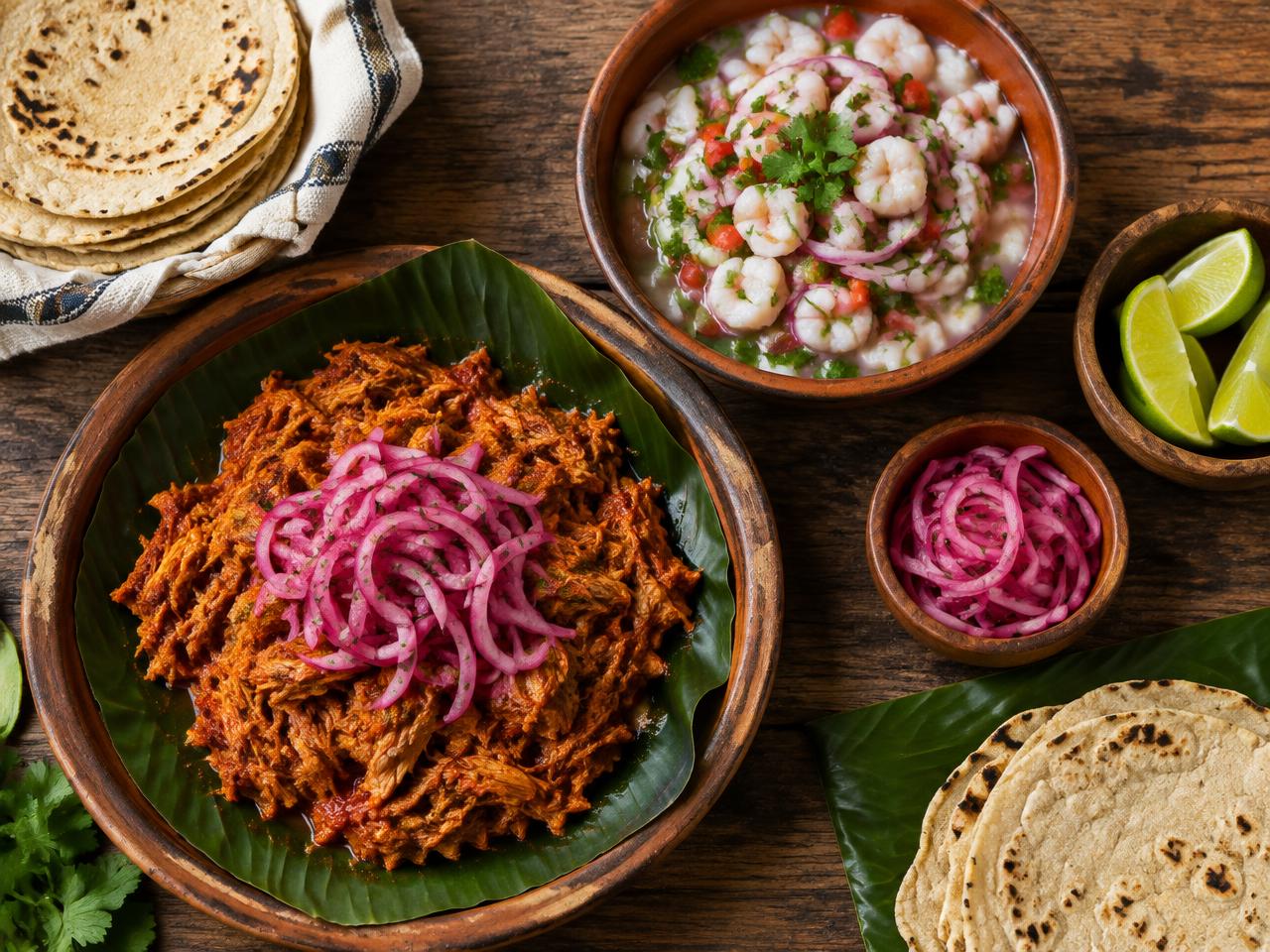 Cochinita pibil, ceviche y tortillas sobre una mesa de madera