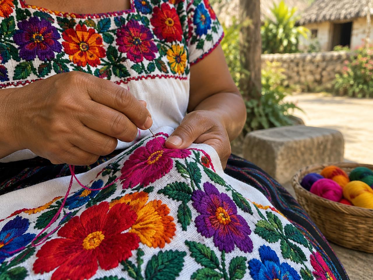 Manos de artesana bordando un huipil de flores