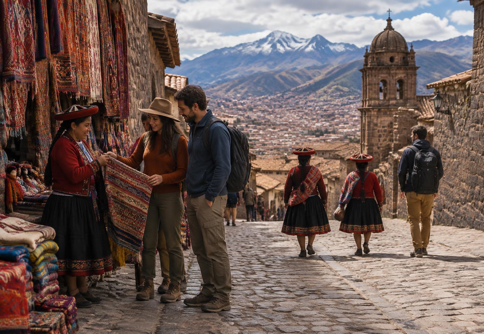 Viajeros descubriendo textiles y arquitectura histórica en Cusco