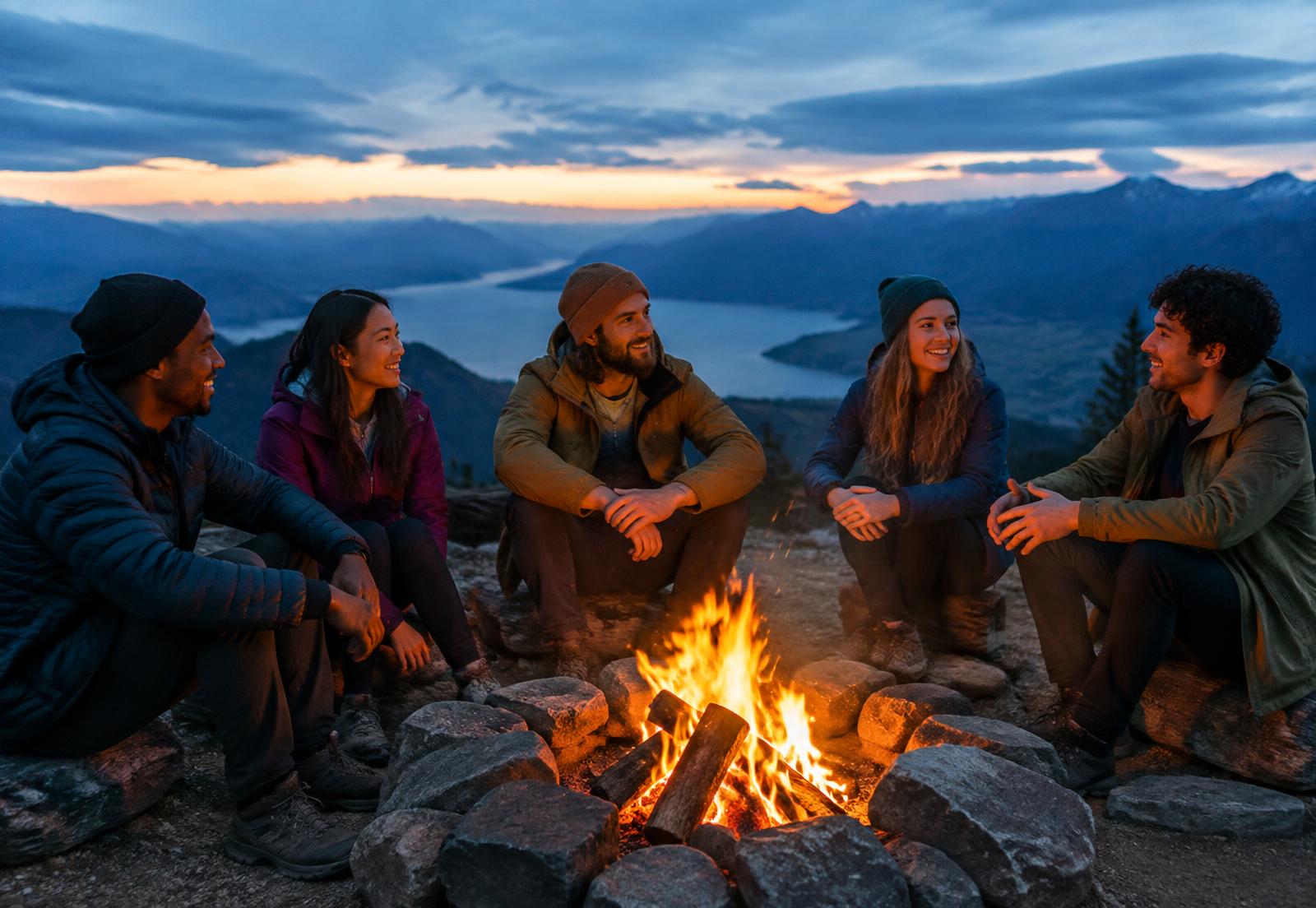 Amigos compartiendo historias alrededor de una fogata entre montañas