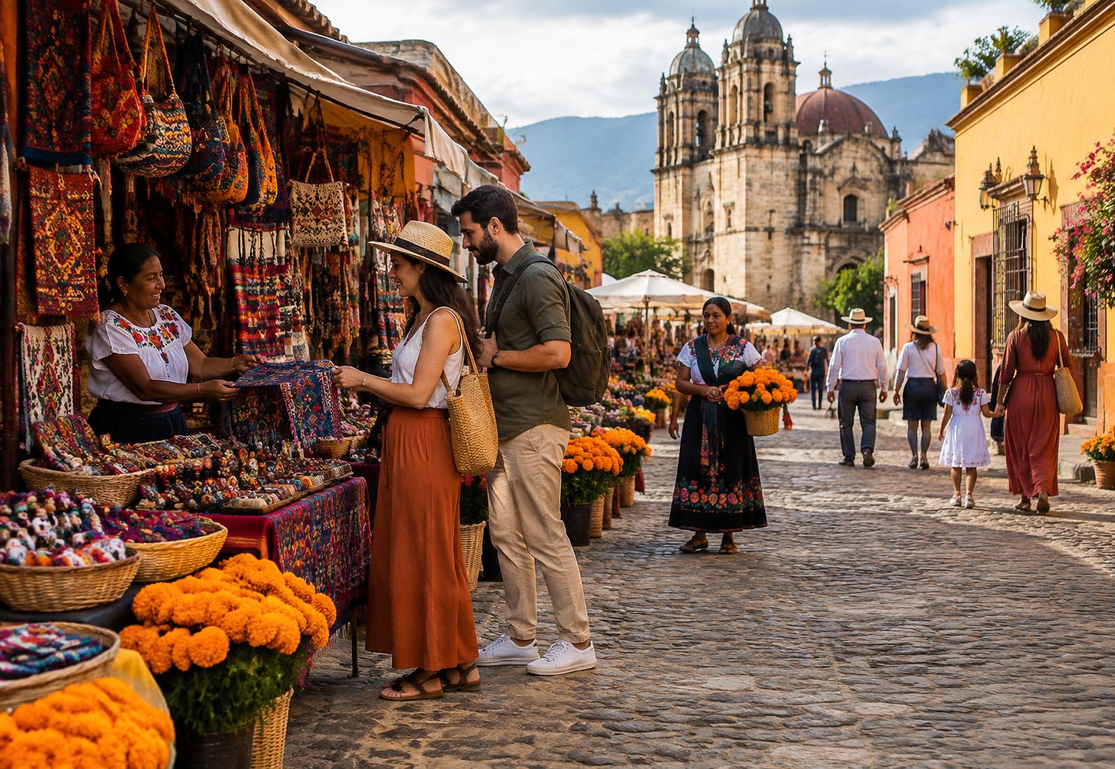 Viajeros recorriendo un mercado artesanal en Oaxaca