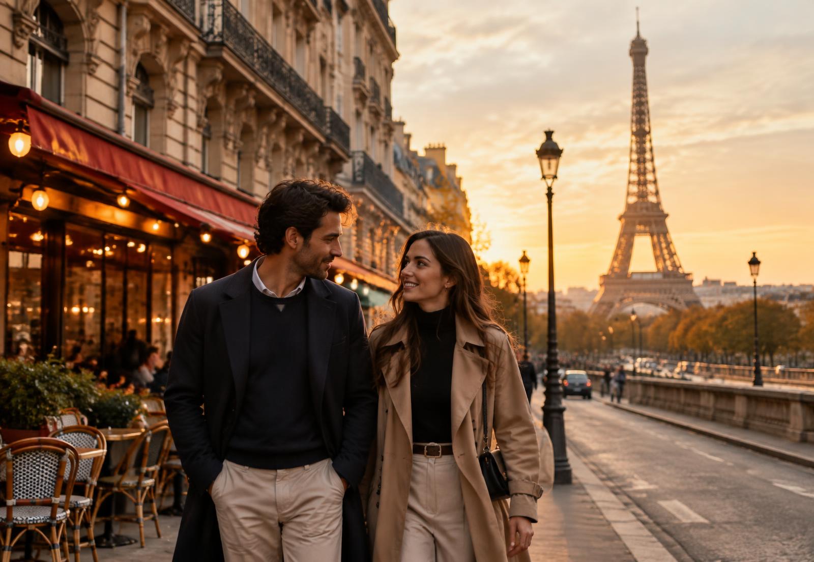 Pareja caminando por París con la Torre Eiffel al fondo