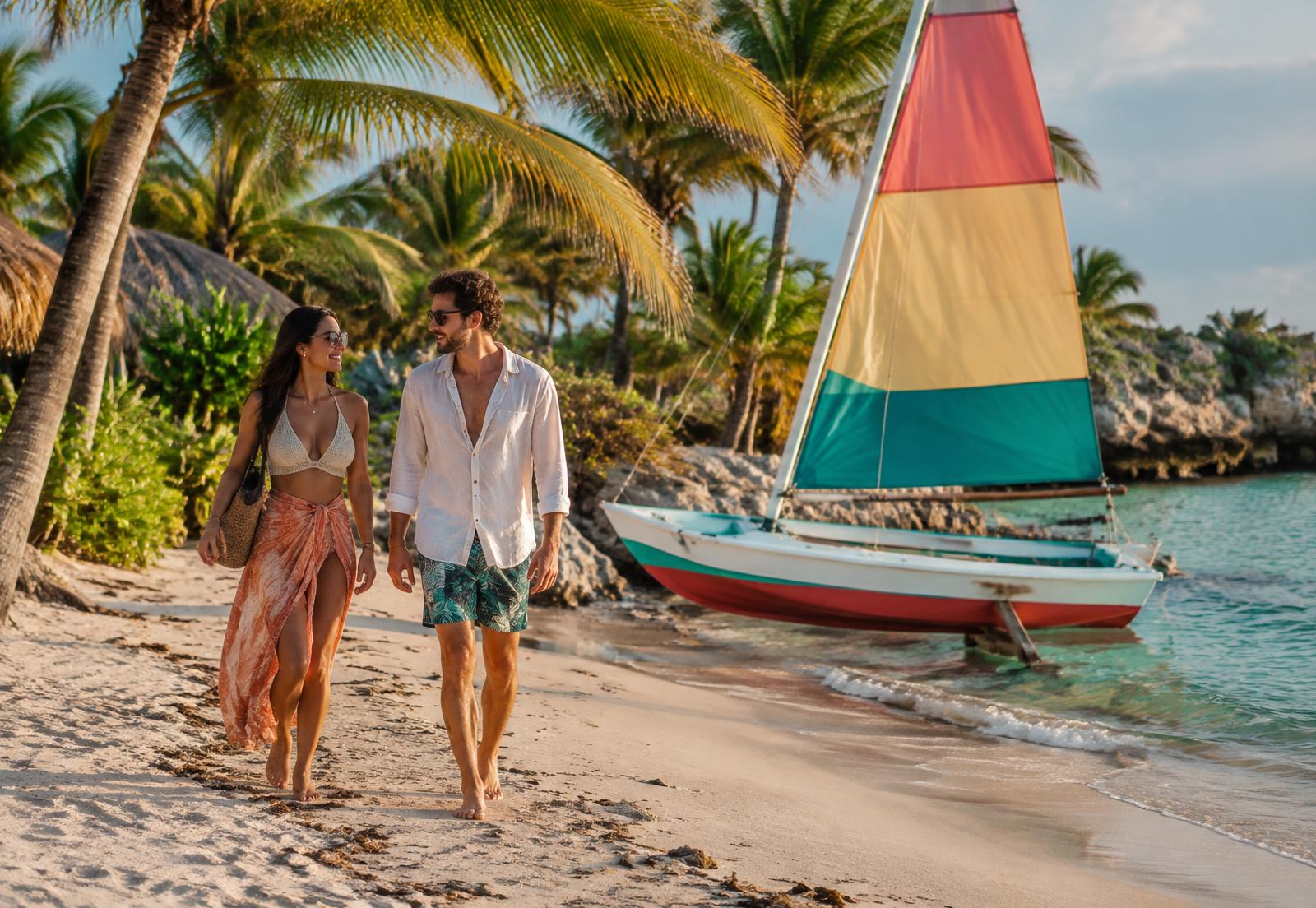 Pareja caminando junto a un velero en una playa de Punta Cana