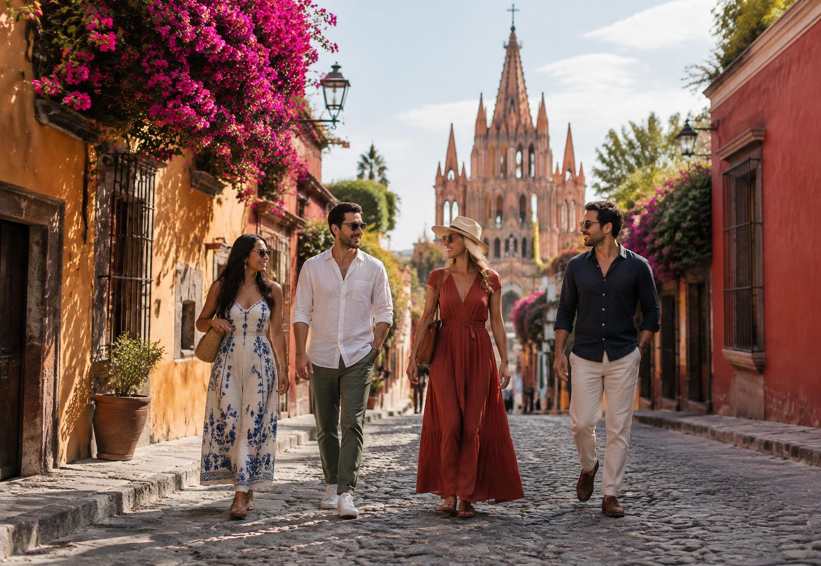 Amigos caminando por una calle colonial de San Miguel de Allende
