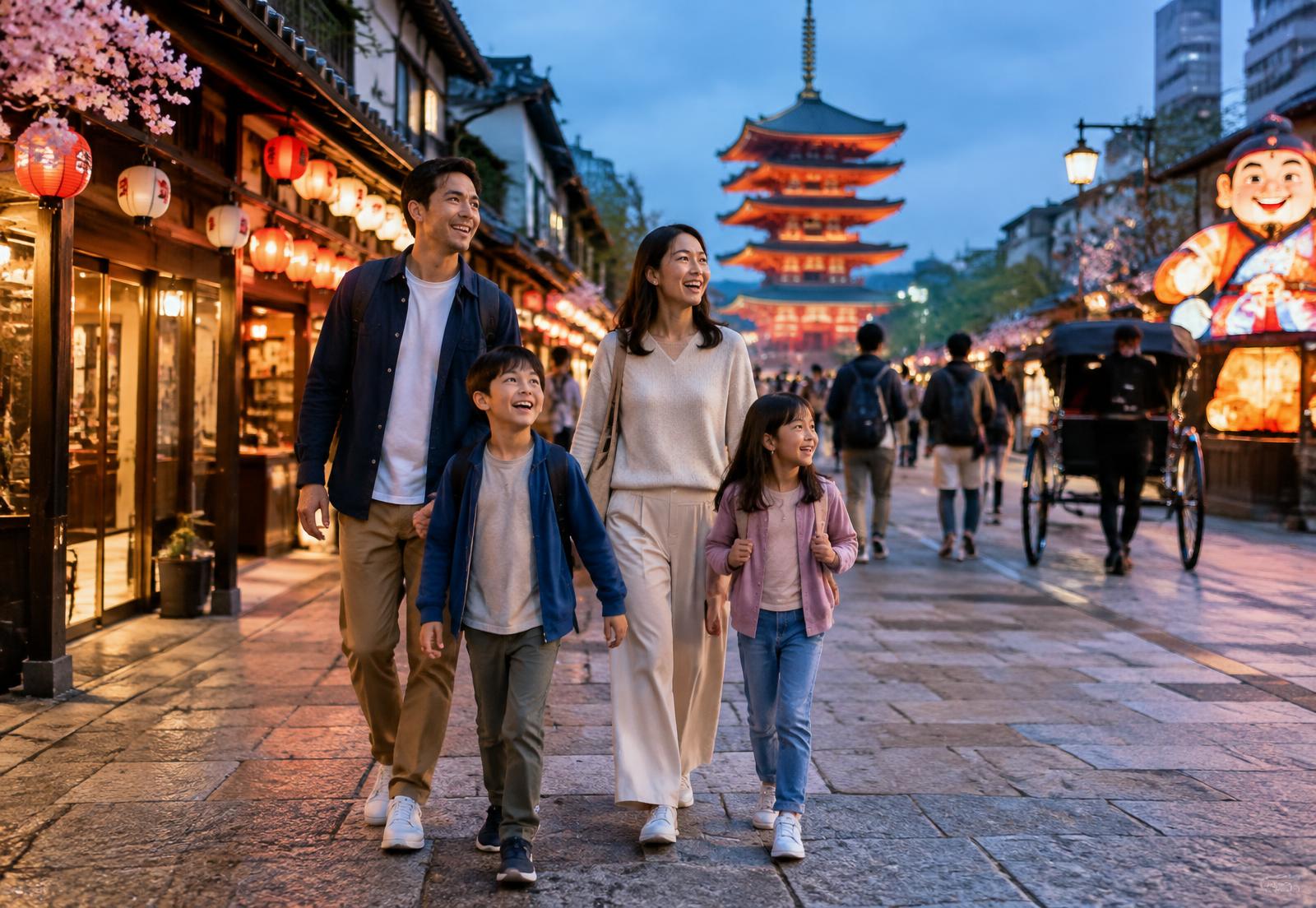 Familia descubriendo una calle iluminada de Tokio