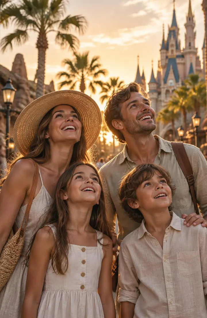 Familia sonriendo en un parque al atardecer