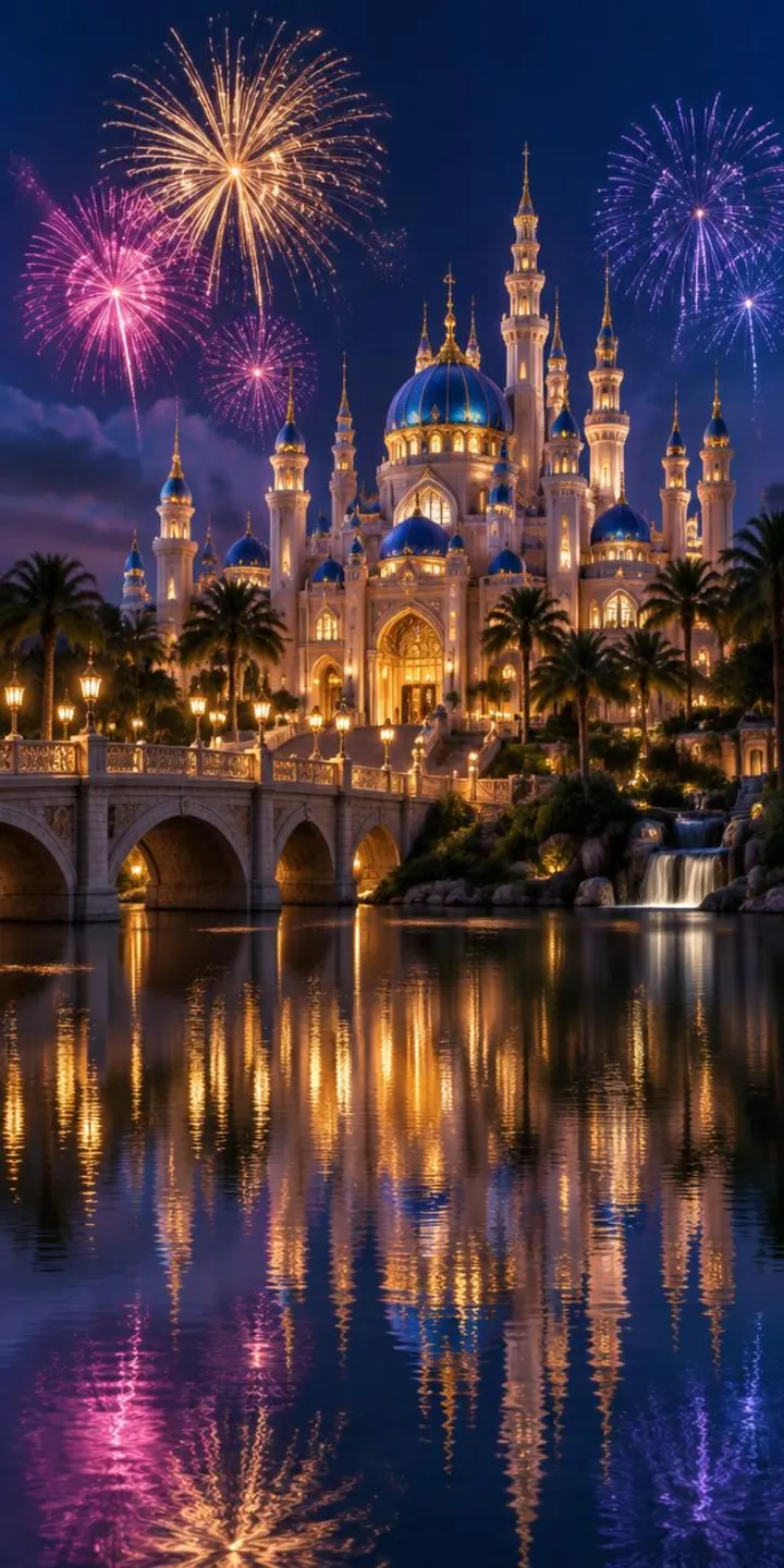 Palacio iluminado con fuegos artificiales de noche